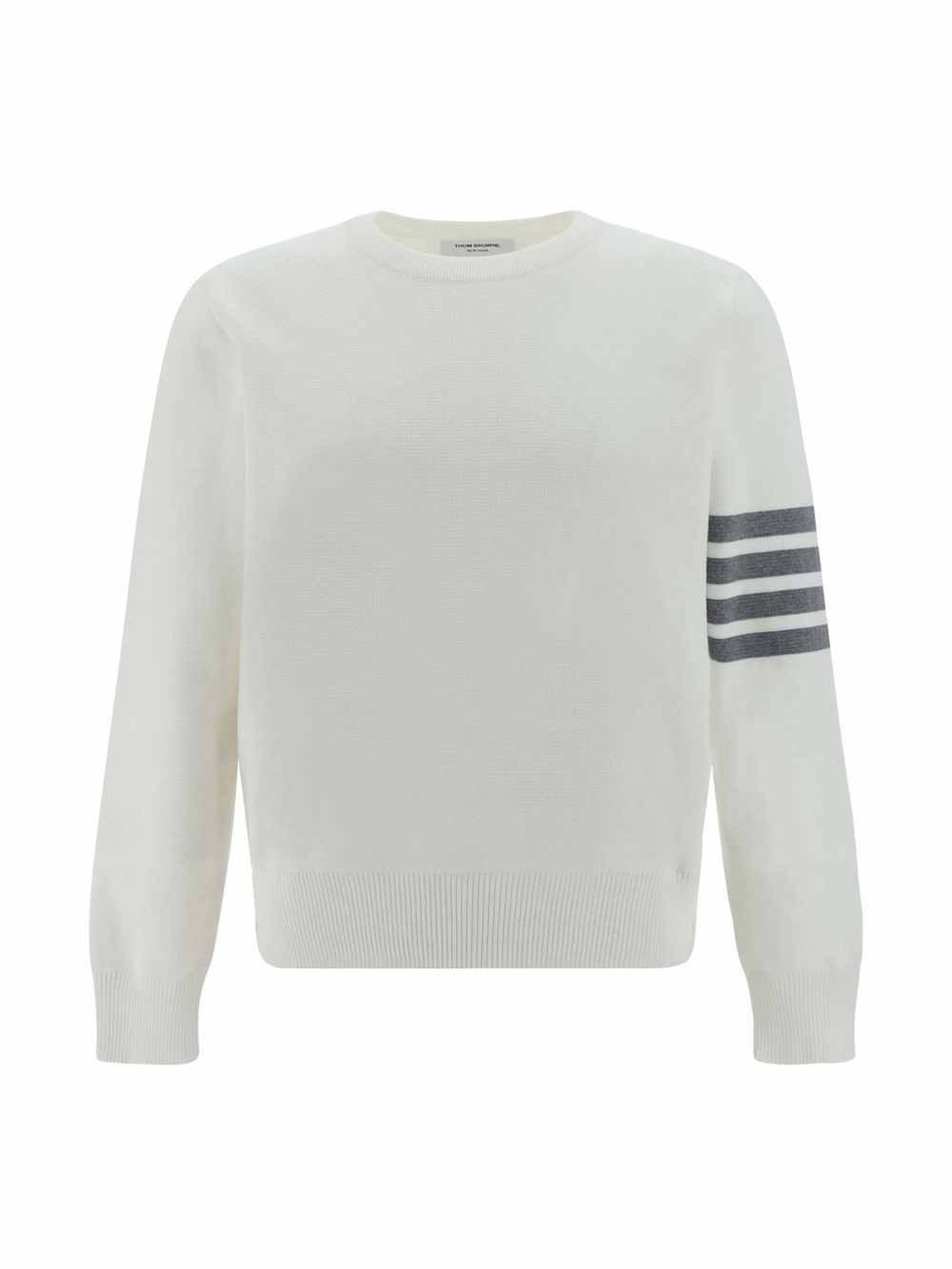 Thom Browne Cream Waffle Knit Crewneck Sweater with Grey Arm Stripes